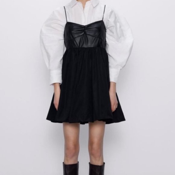 ZARA Sweetheart Neckline Black Faux Leather Combination Mini Dress - Picture 3 of 15